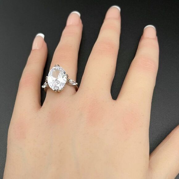.925 Sterling Silver with Large Oval White Diamond Cubic Zirconia Ring Size 6 - Picture 9 of 10